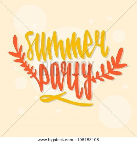 Modern calligraphic poster design with flat palm trees on bright colorful watercolor splash background. Vivid, cheerful, optimistic summer flyer, poster or fabric print in vector