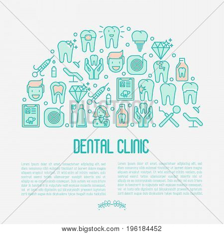 Dental clinic concept with thin line icons related to teeth treatment, dental equipment, oral hygiene. Vector illustration for web page, banner, print media.