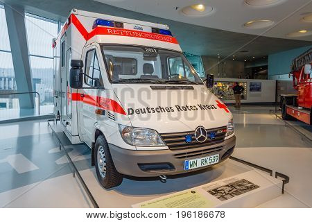 STUTTGART GERMANY- MARCH 19 2016: Mobile intensive care unit Mercedes-Benz Sprinter 313 CDI 2001. Mercedes-Benz Museum.
