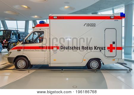 STUTTGART GERMANY- MARCH 19 2016: Mobile intensive care unit Mercedes-Benz Sprinter 313 CDI 2001. Mercedes-Benz Museum.