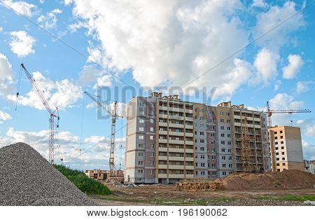 View Of New Microdistrict Buildings Under Construction.