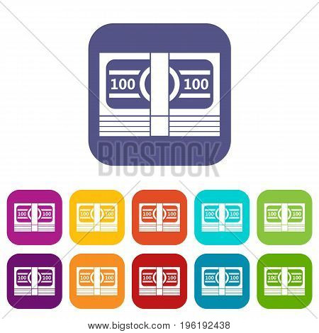 Bundle of money icons set vector illustration in flat style in colors red, blue, green, and other