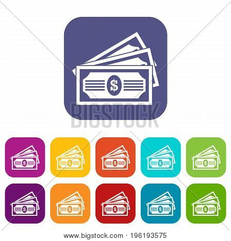 Three dollar bills icons set vector illustration in flat style in colors red, blue, green, and other