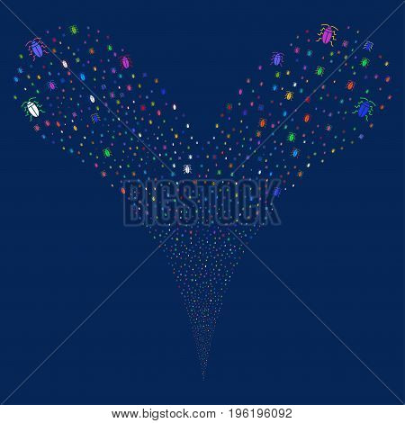Cucaracha source stream. Vector illustration style is flat bright multicolored iconic cucaracha symbols on a blue background. Object fountain combined from random design elements.