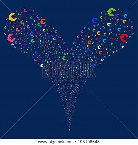 Euro fireworks stream. Vector illustration style is flat bright multicolored iconic euro symbols on a blue background. Object fountain constructed from random icons.