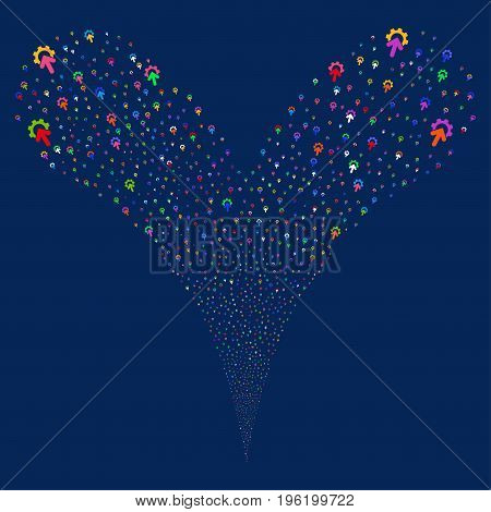 Gear Integration explosive stream. Vector illustration style is flat bright multicolored iconic gear integration symbols on a blue background. Object fountain combined from random design elements.