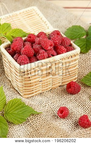 Fresh raspberries in a wicker box and honey green leaves.