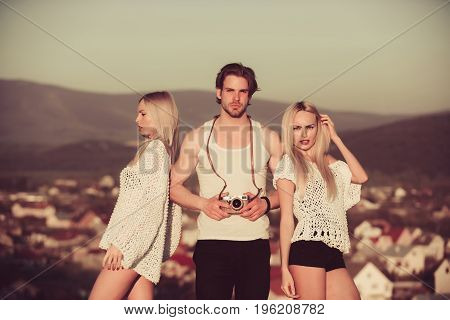 Girl And Women With Photographer Outdoor.