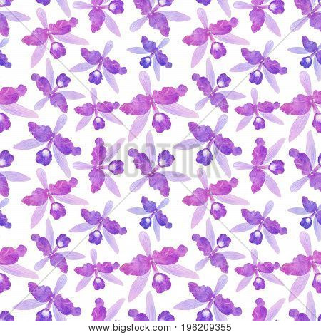 Orchid watercolor illustration Seamless pattern with hand drawn tropical flower isolated on the white background