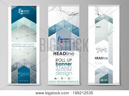 Set of roll up banner stands, flat design templates, abstract geometric style, modern business concept, corporate vertical vector flyers, flag layouts. Genetic and chemical compounds. Atom, DNA and neurons. Medicine, chemistry, science or technology conce
