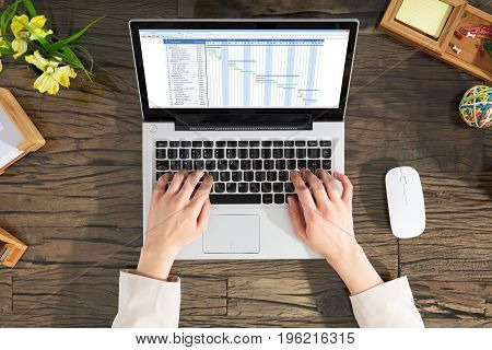 Close-up Of A Businessperson Analyzing The Gantt Chart On Laptop Over The Wooden Desk