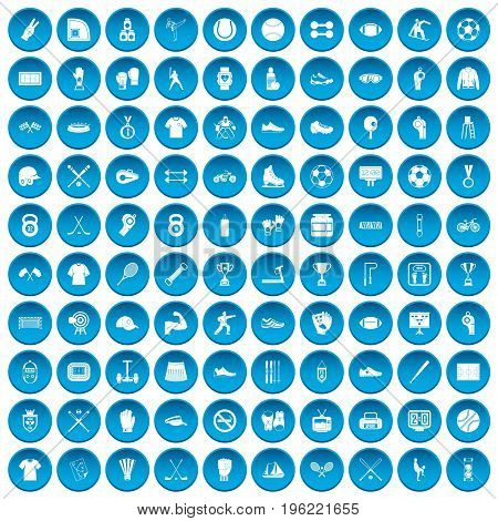100 athlete icons set in blue circle isolated on white vector illustration