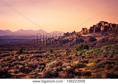 Sunset from Panorama Point in Arches National Park Moab Utah.