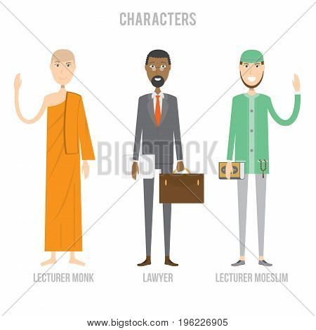 Character Set include lawyer, lecturer moeslim and lecturer monk | set of vector character illustration use for human, profession, business, marketing and much more.The set can be used for several purposes like: websites, print templates, presentation tem