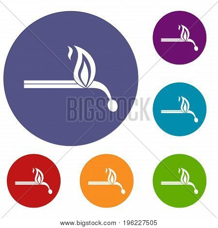 Burning match icons set in flat circle red, blue and green color for web