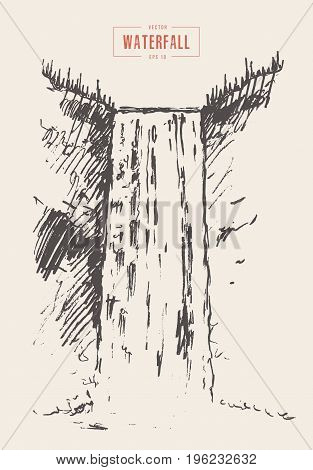 Vintage illustration of beautiful waterfall, hand drawn