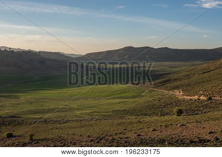 Moss Covered Highland Valley In Middle Atlas Mountain Range In Sunset, Morocco, Africa