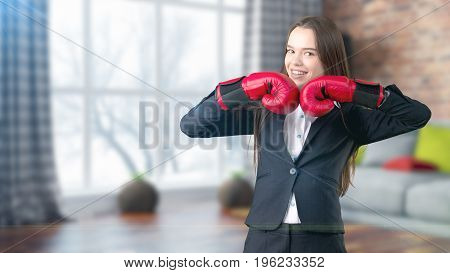 Young Beautiful Business Woman And Creative Designer Standing Over Blured Interior Background