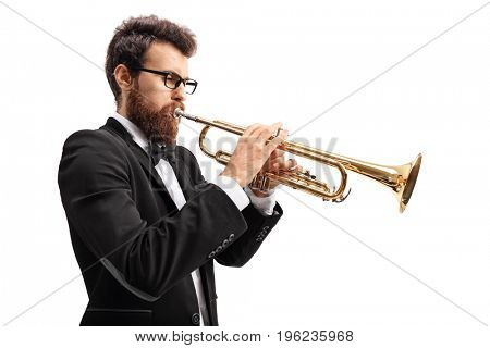 Musician playing a trumpet isolated on white background