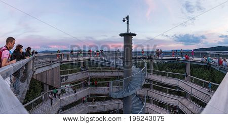LIPNO CZECH REPUBLIC - 18 July 2017. A group of people are at the top of the observation tower and watch the surroundings. Treetop Walkway in Lipno.