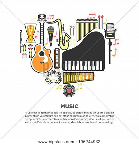 Melodic wind instruments, loud percussion, acoustic guitar, grand piano, authentic maracas and modern microphones formed in heart with vinyl record at bottom and text underneath vector illustration.
