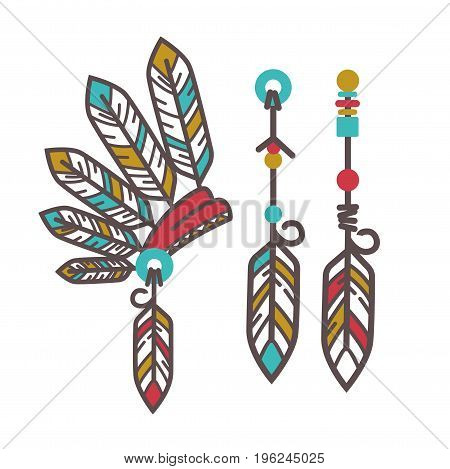 Authentic  hesdgear with colorful feathers and magical amulets with bright beads isolated flat cartoon vector illustrations on white background. Ethnic cultural garments with special power.