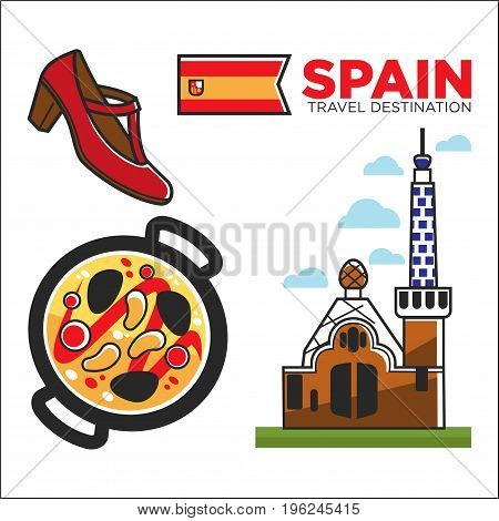 Spain travel destination promotional banner with national flag, authentic church of unique design, red shoe for flamenco performance and metal pan with traditional meal isolated vector illustration.