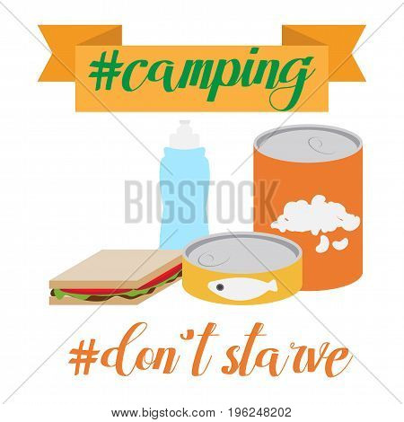 Outdoor cooking canned food. Flat design vector illustration