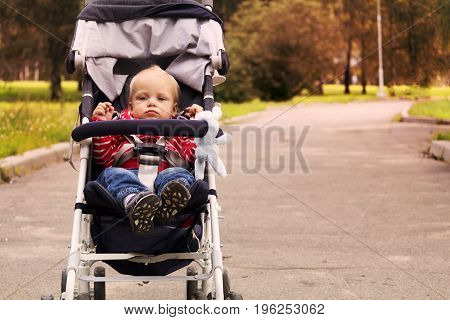 Autumn walk in the stroller. Cute toddler in his stroller in the park.