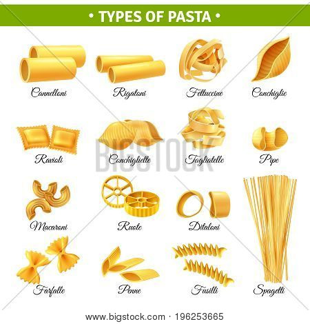Realistic infographics with types of italian pasta and their names isolated on white background vector illustration