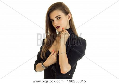 charming woman with beautiful make up in black jacket isolated on white background