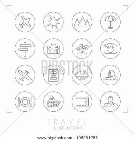 Outline thin travel and vacation icons set in circles. Airplane sun umbrella suitcase palms photo camera pass sea horizon yacht ship wallet map and points wooden arrows mountains.