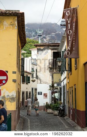 FUNCHALMADEIRA PORTUGAL SEPTEMBER 4 2016: Zone Velha - the oldest district famous for its best restaurants and cafes in Funchal. Madeira Portugal