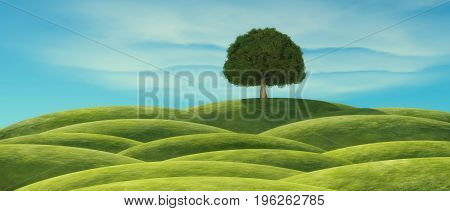 A tree with green leaves on the hill. This is a 3d render illustration