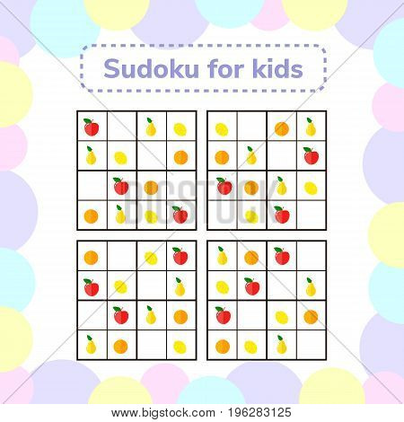 vector illustration. Sudoku game for children with pictures. Logic game for preschool children. Educational game. rhombus, star, square, circle. rebus for children. Apples, pears oranges lemons