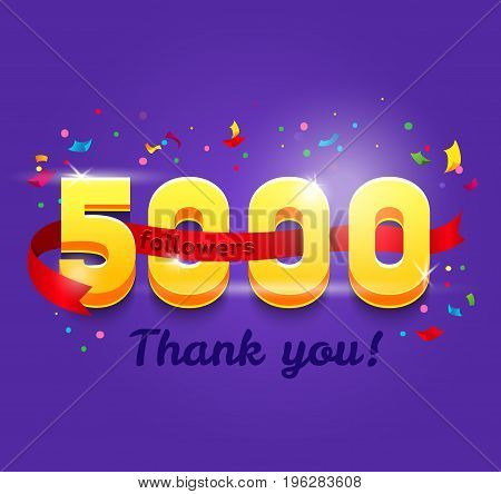 Thank you 5000 followers network card. Vector design template for friends, subscribers and followers. Banner for Social Networks. Card for user who celebrates a big number of followers.