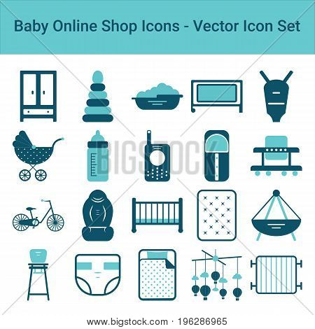 Baby Online Shop Icons Isolated On A White Background. Vector Icon Set.