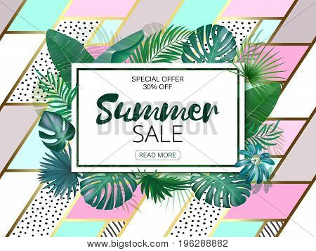 Sale. Square summer sale tropical leaves frame on hand drawing patch work backdrop. Tropical flowers, leaves and plants background. Horizontal format.