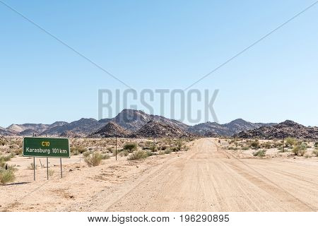 Distance sign on the C10-road between Velloorsdrif border post and Karasburg in the southern part of Namibia