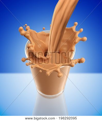 Splash of chocolate milk from the glass .Blue background. 3d rendering