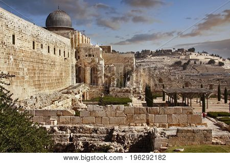 A view of the al-Aqsa Mosque Temple Mount and ruined Crusader gate in Jerusalem