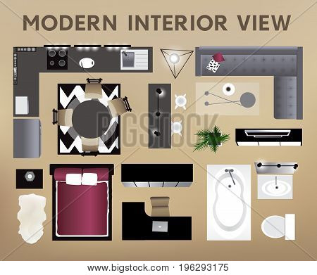 Interior top view. Set of isolated realistic interior icon. Vector illustration