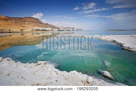 Salt deposits typical landscape of the Dead Sea Israel.