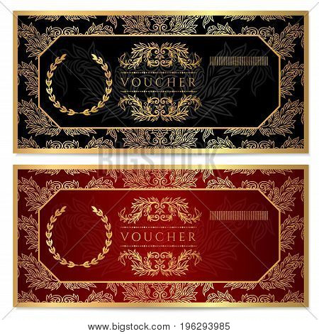 Voucher, Gift certificate, Coupon template. Floral, scroll pattern (frame). Background design for invitation, ticket, banknote, money design, currency, check (cheque). Black, gold vector