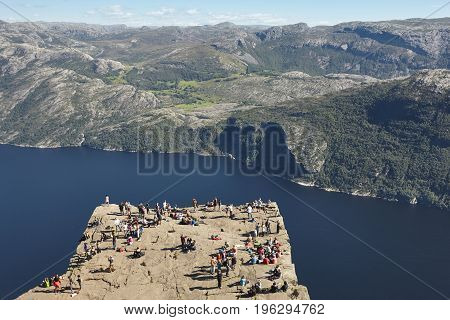 Norwegian fjord landscape. Preikestolen area. Norway landmark landscape. Outdoor