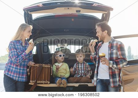 Travel by car family together destination arrival picnic