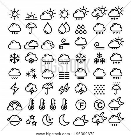 Weather line icons set - big pack of 70 weather forecast graphic elements, sun, cloud, rain, snow, wind, rainbow