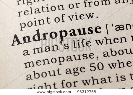 Fake Dictionary Dictionary definition of the word Andropause. including key descriptive words.