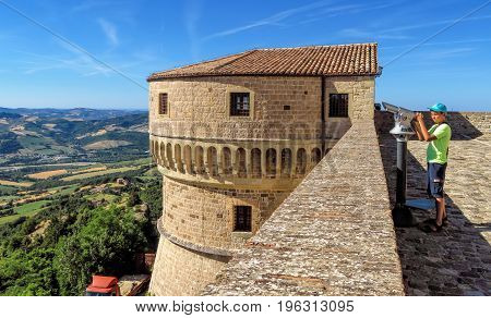 San Leo Italy - June 18 2017: The Renaissance Fortress of San Leo located on a rocky cliff