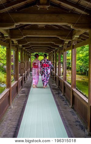 KYOTO, JAPAN - JULY 05, 2017: Unidentified people walking through the Hojo Hall of Tenryu-ji in the Arashiyama district of Kyoto.